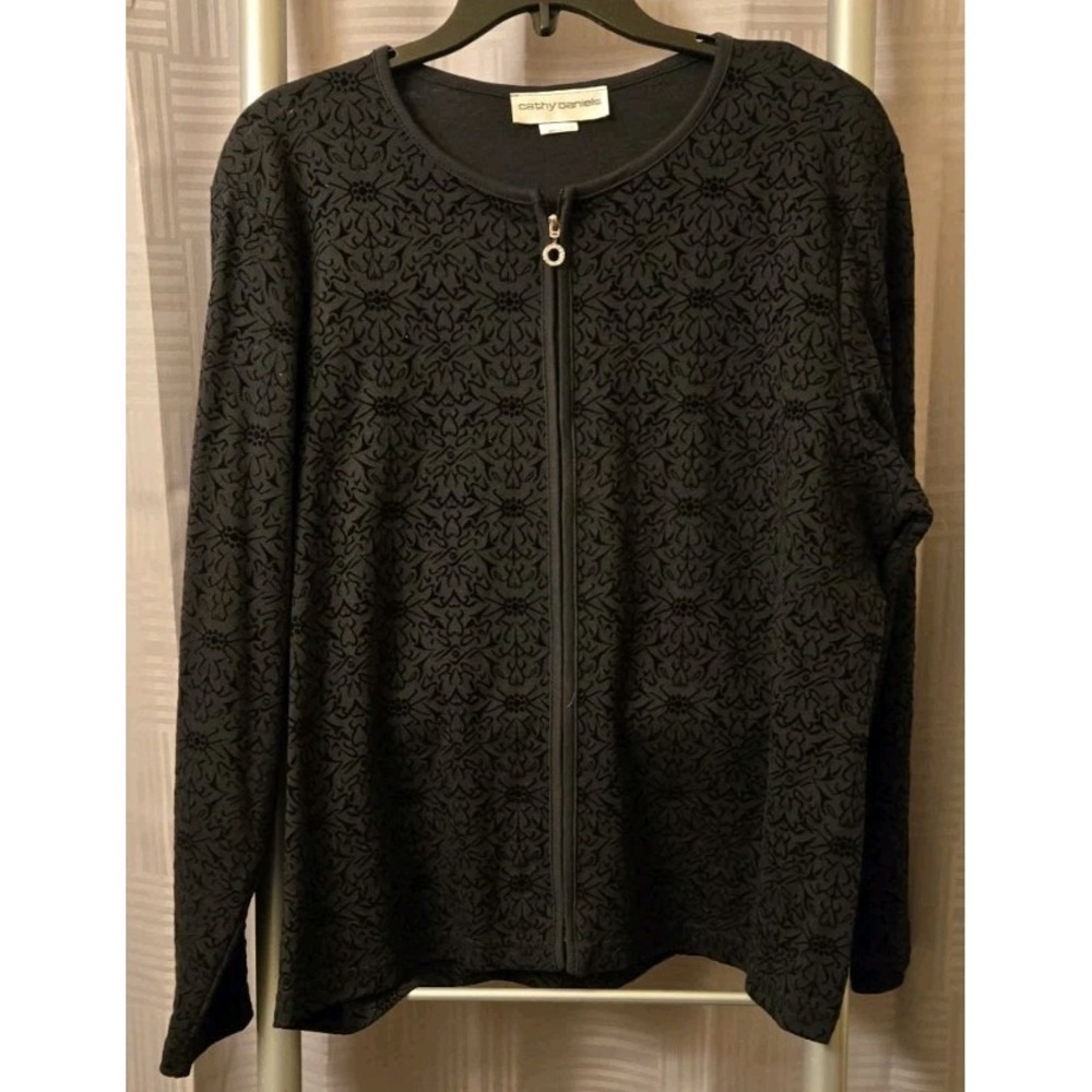 Cathy Daniels Womens Black Full Zipโ Floral Velvet Long Sleeve Jacket Sz Large